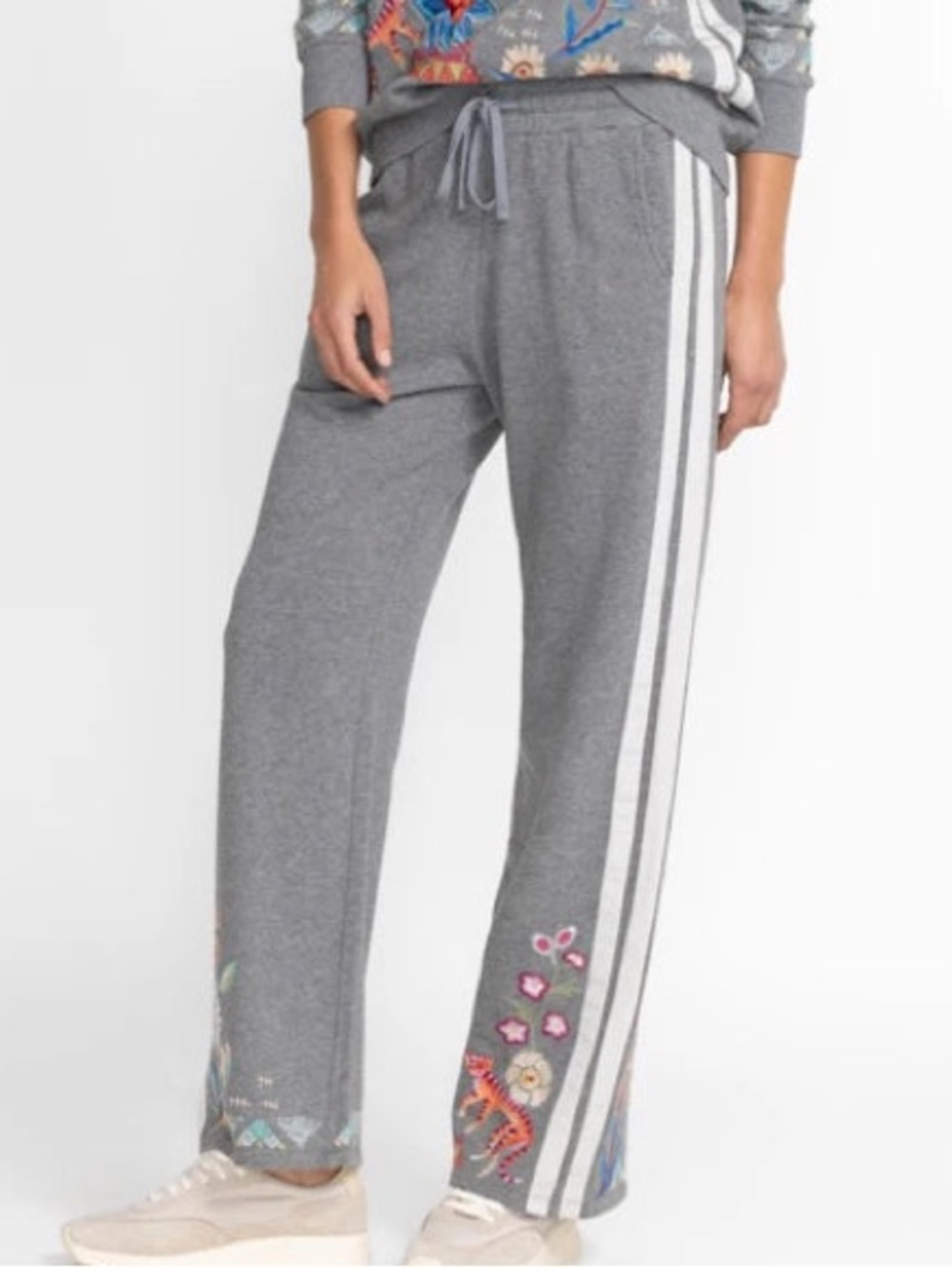 Johnny Was Griffin Wide Leg Ribbon Pant in Embroidered Grey Marled size XS